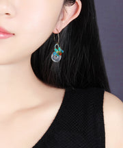 Women Green Jade Agate Cloisonne Floral Drop Earrings