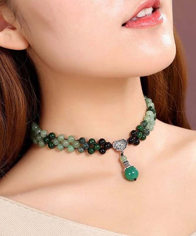 Women Green Jade Agate Crystal Pendant Necklace