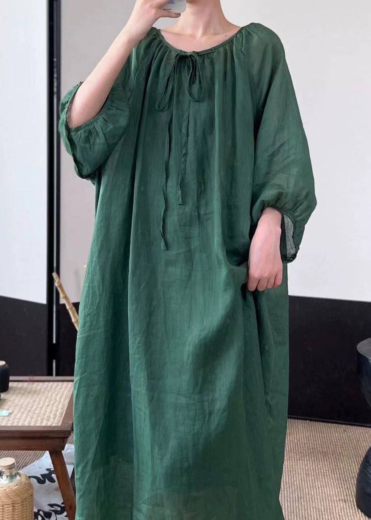 Women Green Lace Up Solid Linen Long Dresses Fall