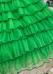 Women Green Layered Design Ruffled Tulle Skirts Summer