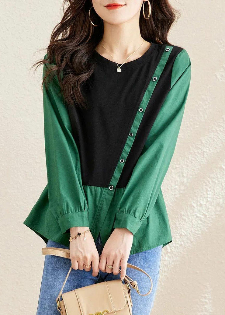 Women Green O-Neck Asymmetrical Patchwork Wrinkled Top Long Sleeve