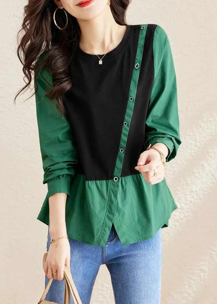 Women Green O-Neck Asymmetrical Patchwork Wrinkled Top Long Sleeve