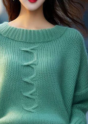 Women Green O Neck Cozy Cotton Knit Sweaters Long Sleeve