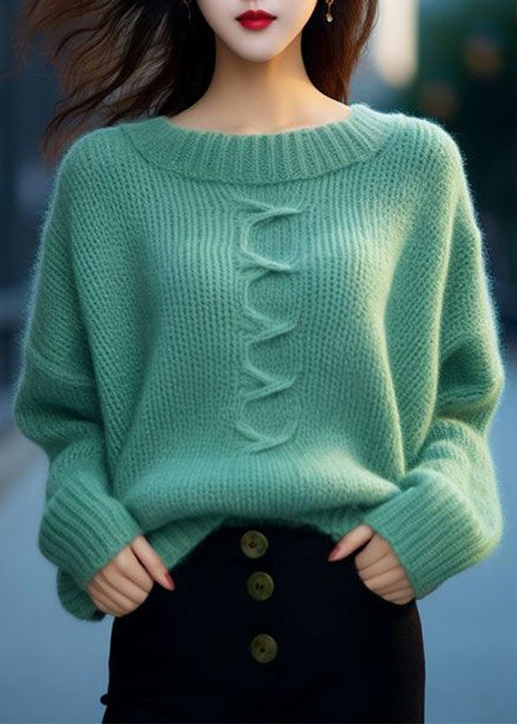 Women Green O Neck Cozy Cotton Knit Sweaters Long Sleeve