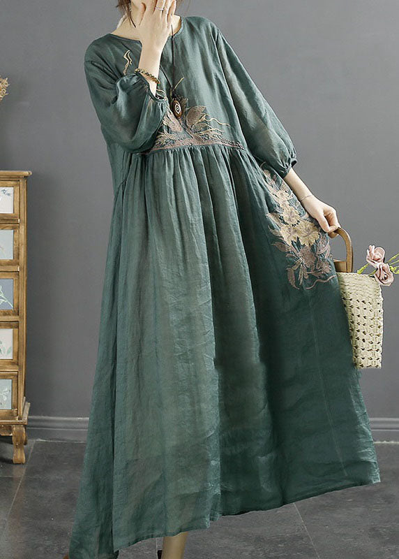 Women Green O-Neck Embroideried Patchwork Linen Long Dresses Bracelet Sleeve