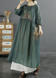 Women Green O-Neck Embroideried Patchwork Linen Long Dresses Bracelet Sleeve