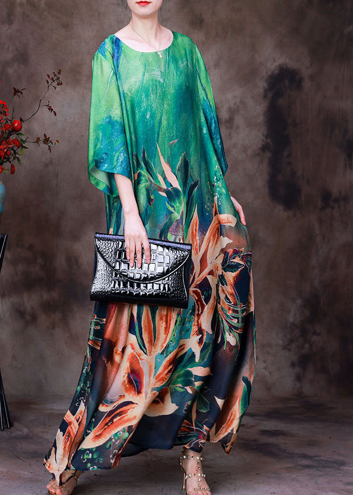 Women Green O-Neck Oversized Print Pockets Silk Beach Dresses Bracelet Sleeve