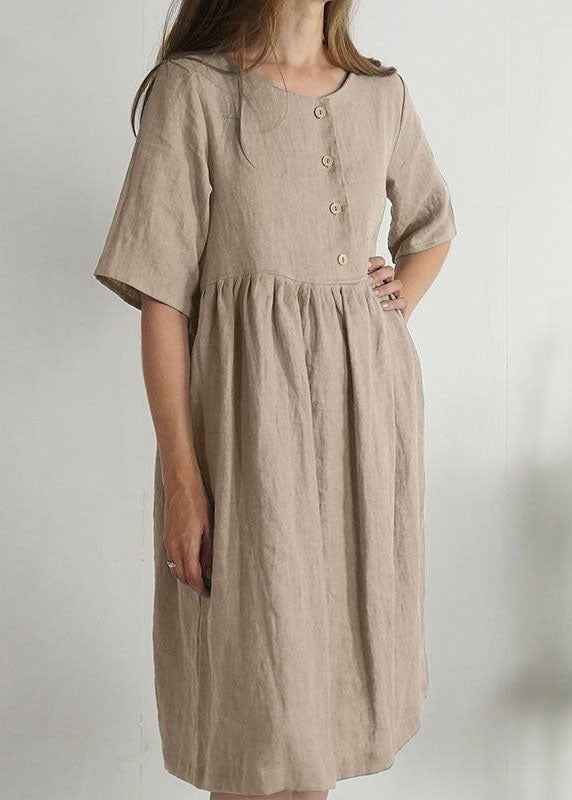 Women Green O Neck Pockets Wrinkled Patchwork Linen Dress Summer