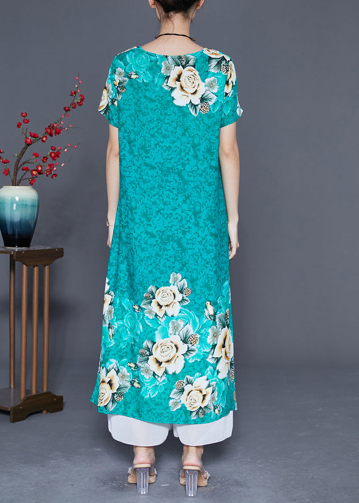 Women Green O-Neck Print Cotton Robe Dresses Summer