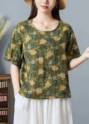 Women Green O Neck Print Patchwork Cotton T Shirt Top Summer