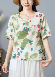 Women Green O Neck Print Patchwork Cotton T Shirt Top Summer