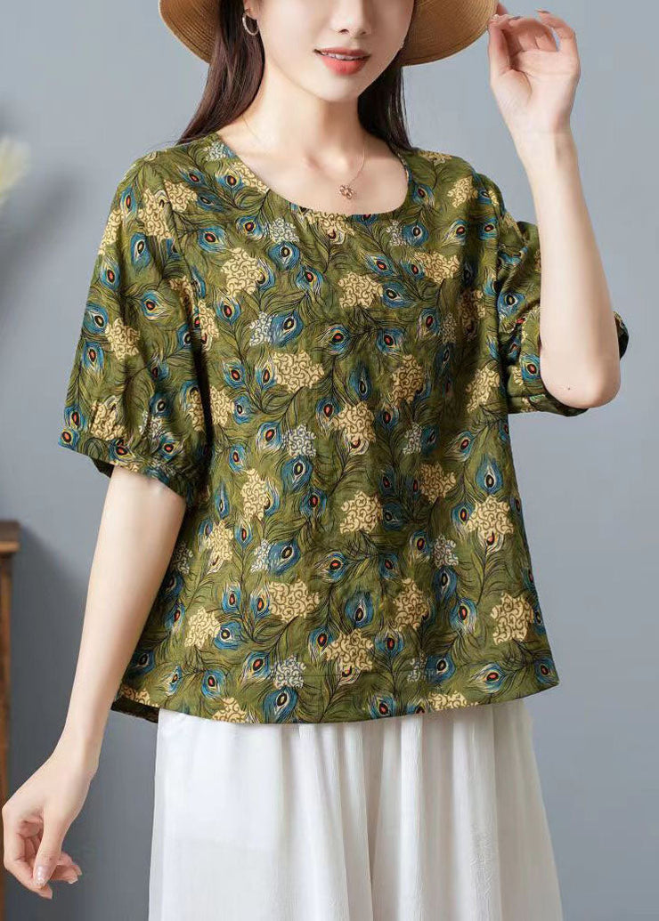 Women Green O Neck Print Patchwork Cotton T Shirt Top Summer