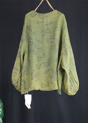 Women Green O Neck Print Patchwork Linen Top Lantern Sleeve