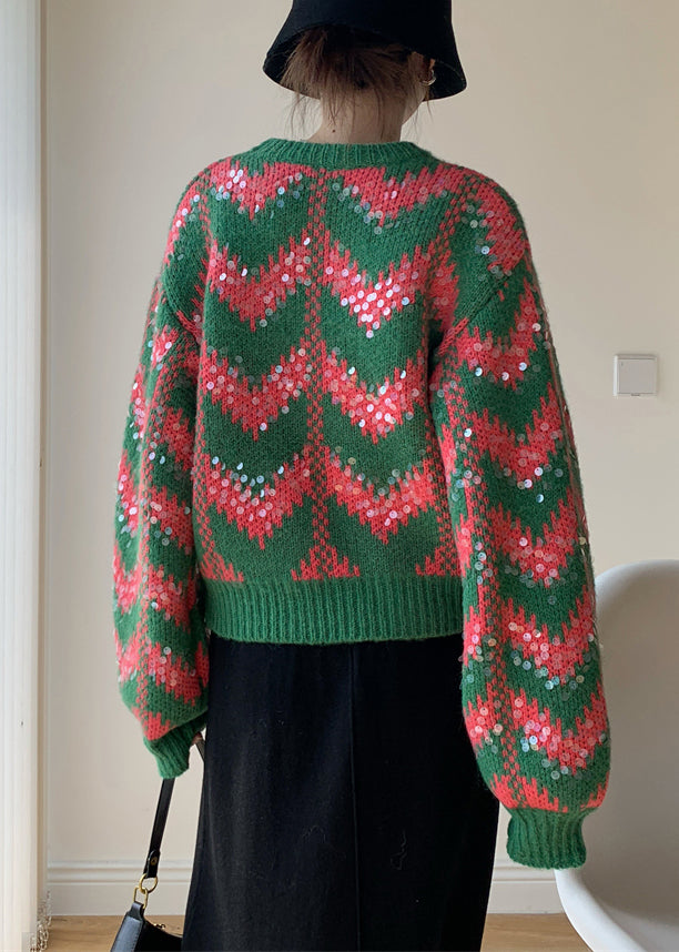 Women Green O Neck Sequins Patchwork Knit Sweaters Winter