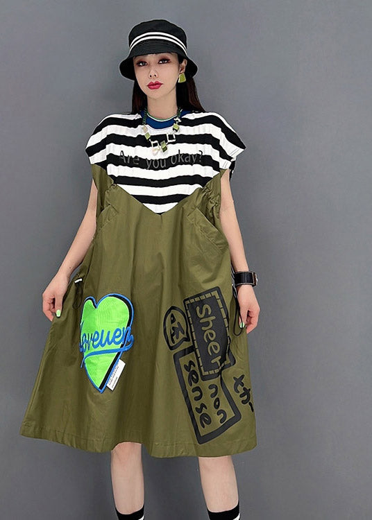 Women Green O-Neck Striped Patchwork Print Pockets Dresses Short Sleeve