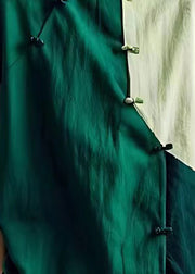 Women Green Oversized Patchwork Chinese Button Linen Shirt Summer