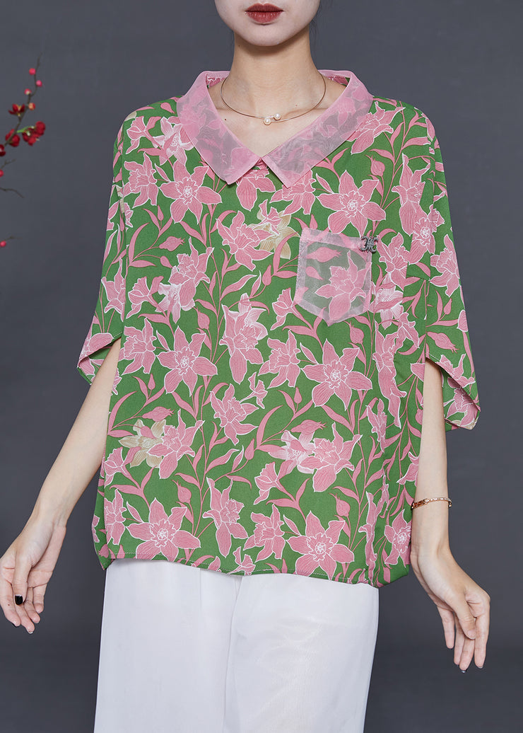 Women Green Oversized Print Chiffon Tops Batwing Sleeve