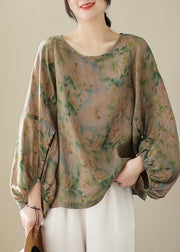 Women Green Oversized Print Cotton Blouse Top Fall