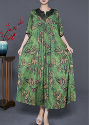 Women Green Oversized Print Exra Large Hem Silk Ankle Dress Summer