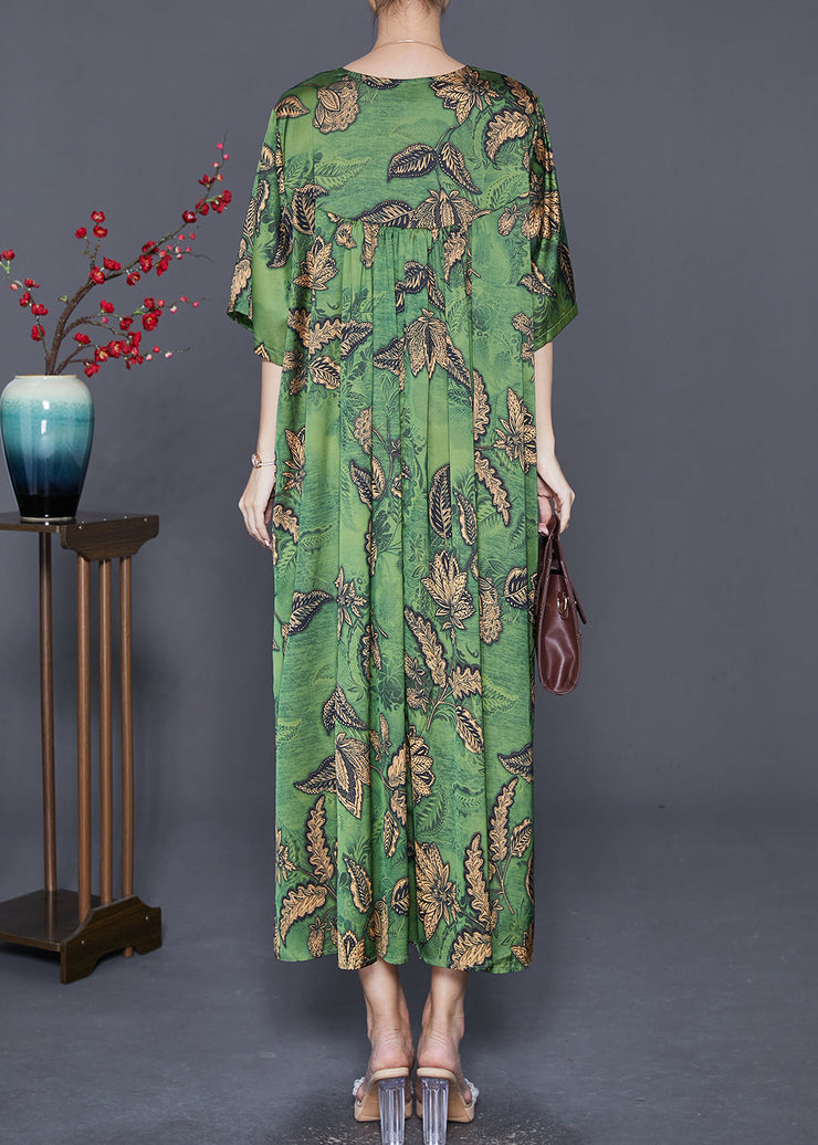 Women Green Oversized Print Exra Large Hem Silk Ankle Dress Summer