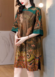 Women Green Oversized Print Silk Chinese Style Dress Half Sleeve