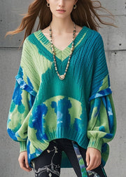 Women Green Oversized Tie Dye Knitted Tops Lantern Sleeve