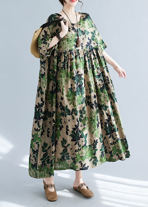 Women Green Patchwork Print Cotton Maxi Dress Short Sleeve