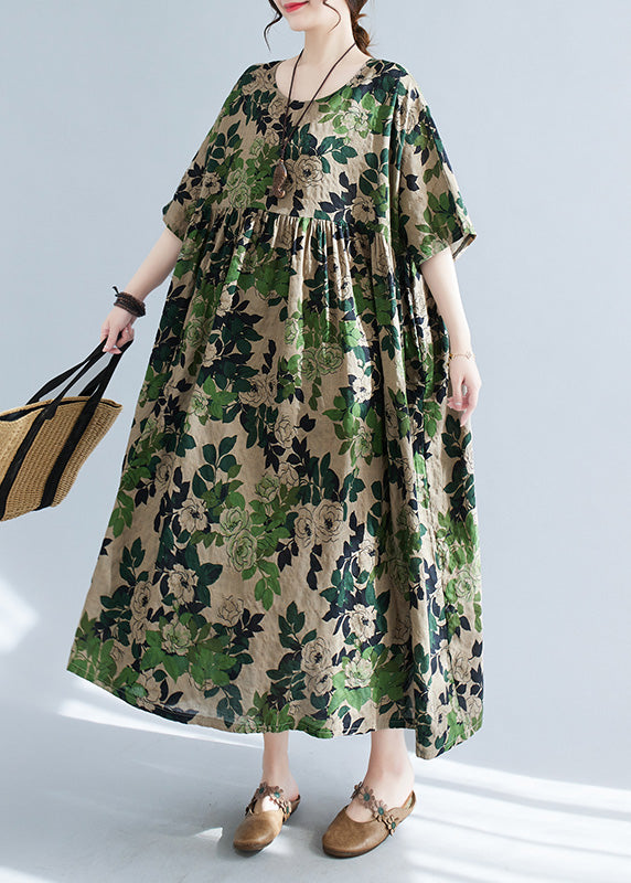 Women Green Patchwork Print Cotton Maxi Dress Short Sleeve