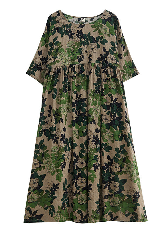 Women Green Patchwork Print Cotton Maxi Dress Short Sleeve