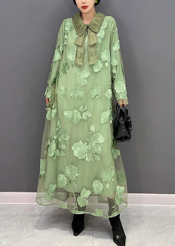 Women Green Peter Pan Collar Embroideried Patchwork Tulle Long Dresses Long Sleeve