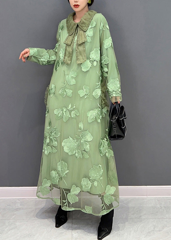 Women Green Peter Pan Collar Embroideried Patchwork Tulle Long Dresses Long Sleeve