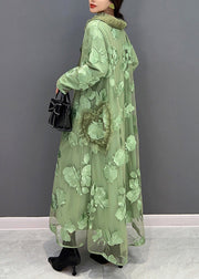 Women Green Peter Pan Collar Embroideried Patchwork Tulle Long Dresses Long Sleeve