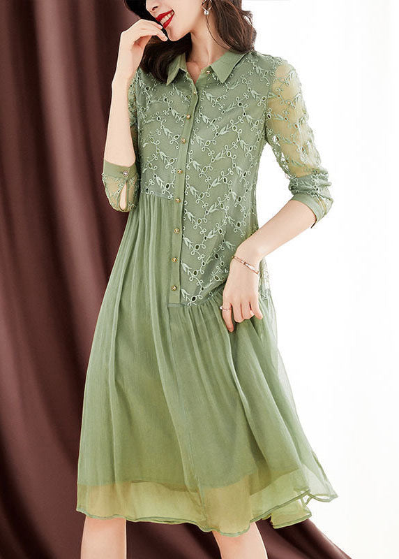 Women Green Peter Pan Collar Embroideried Patchwork Wrinkled Silk Long Dresses Long Sleeve