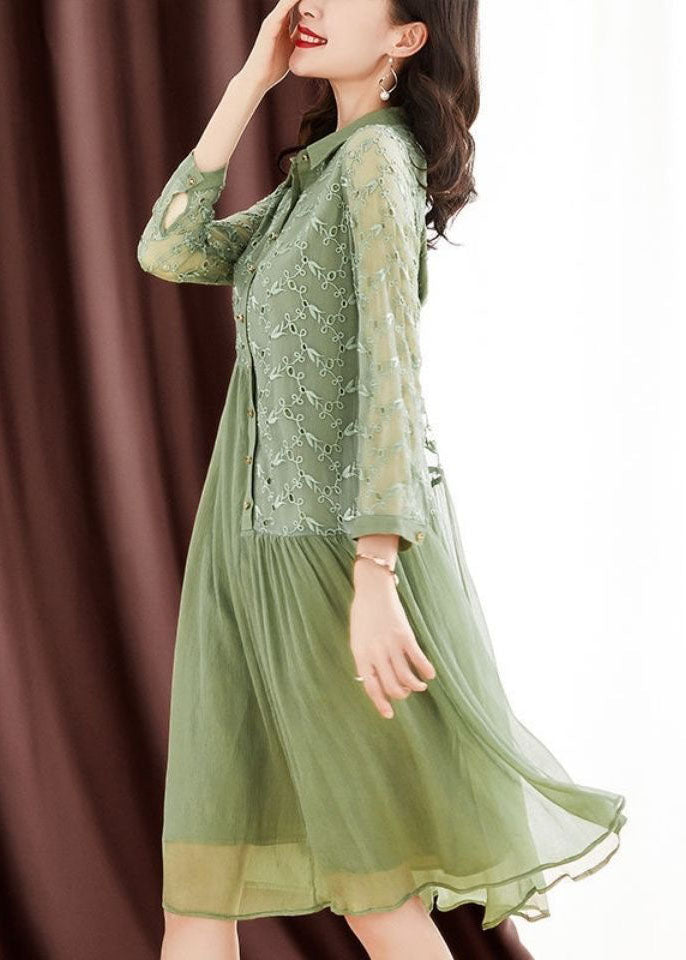 Women Green Peter Pan Collar Embroideried Patchwork Wrinkled Silk Long Dresses Long Sleeve