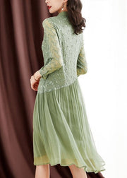 Women Green Peter Pan Collar Embroideried Patchwork Wrinkled Silk Long Dresses Long Sleeve