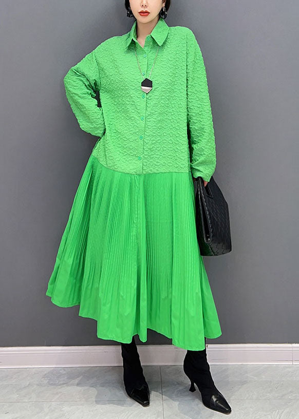 Women Green Peter Pan Collar Patchwork Jacquard Pleated Dress Spring