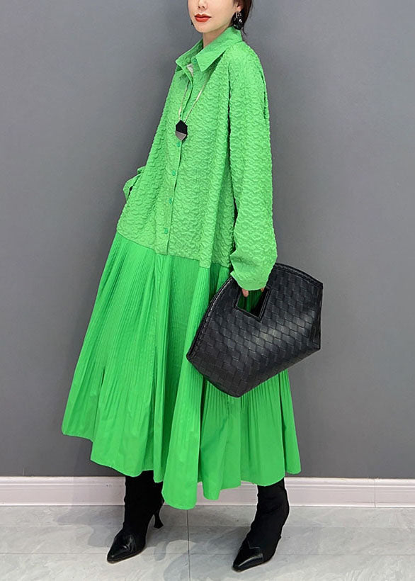 Women Green Peter Pan Collar Patchwork Jacquard Pleated Dress Spring