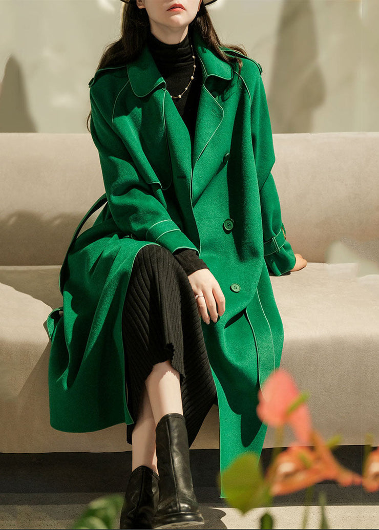 Women Green Peter Pan Collar Solid Color Woolen Trench Coats Winter