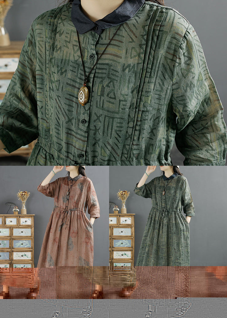 Women Green Peter Pan Collar Wrinkled Print Patchwork Linen Dress Summer