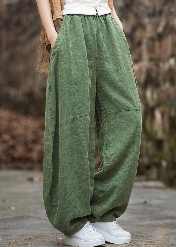 Women Green Pockets Elastic Waist Patchwork Linen Pants Fall