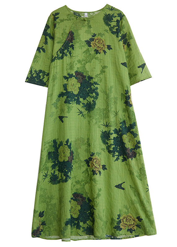 Women Green Print Chinese Button Linen A Line Dress Summer