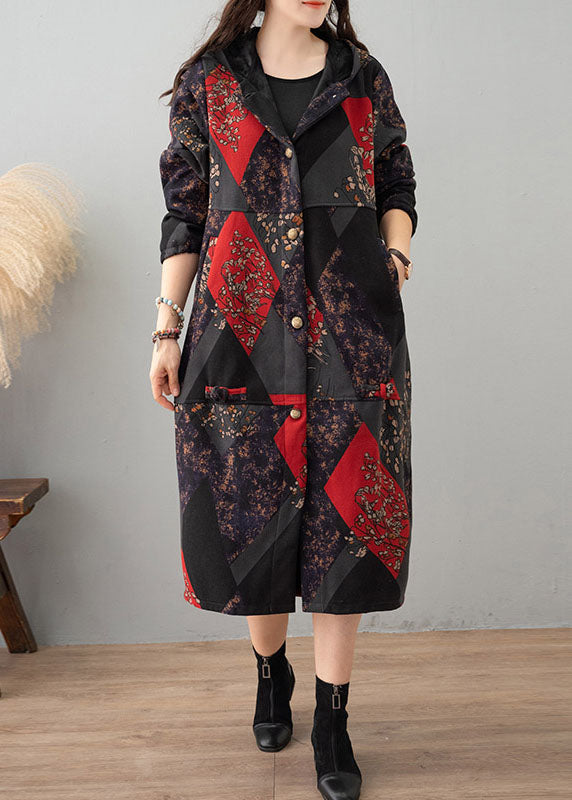 Women Green Print Hooded Patchwork Thick Cotton Trench Winter