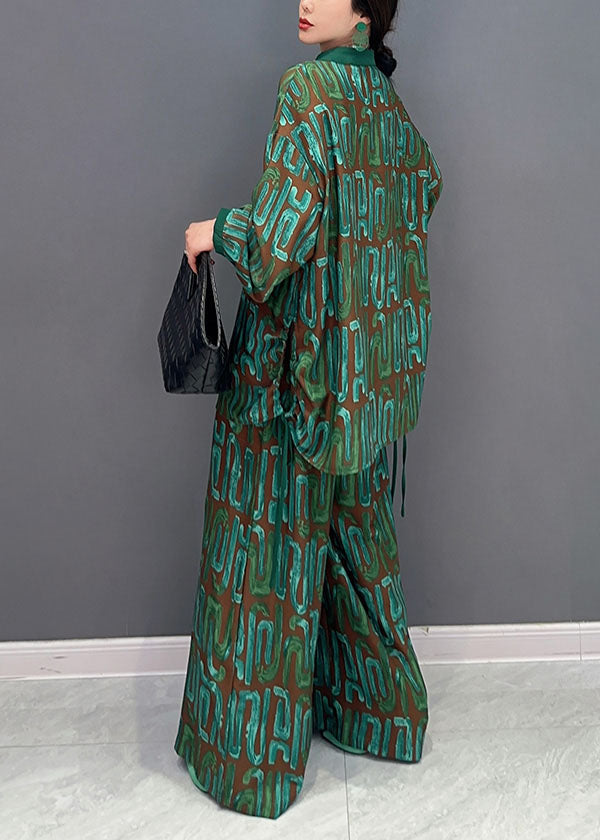 Women Green Print Oversized Side Open Silk Two Piece Set Spring