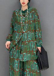 Women Green Print Oversized Side Open Silk Two Piece Set Spring