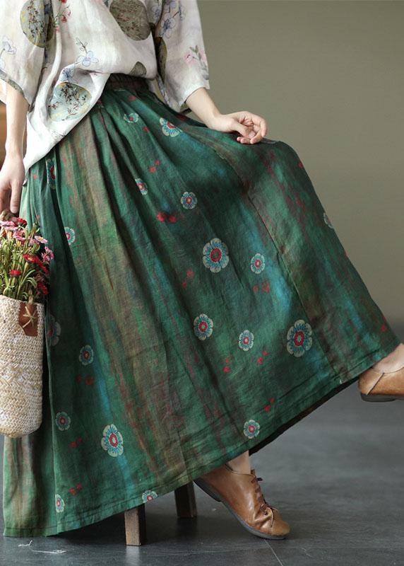 Women Brown flower Ramie Elastic Waist Skirt