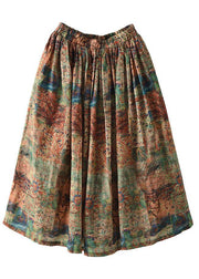 Women Green Print Ramie Elastic Waist Skirt - bagstylebliss