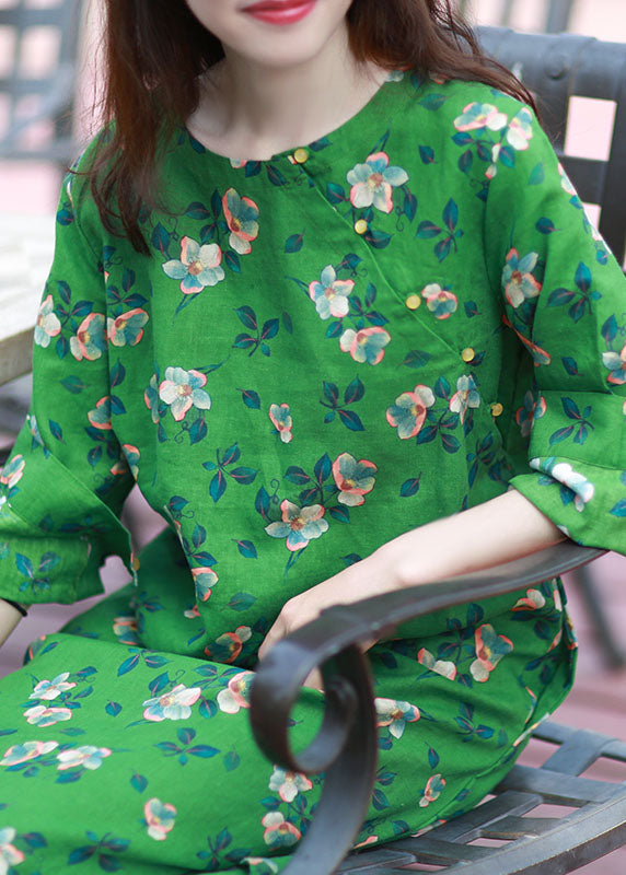 Women Green Print Side Open Linen Long Dress Spring