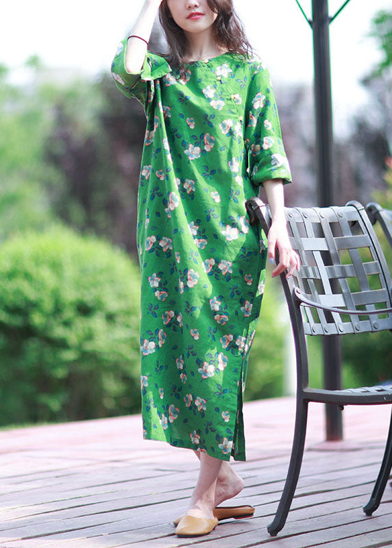 Women Green Print Side Open Linen Long Dress Spring