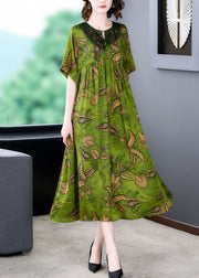 Women Green Print Wrinkled Patchwork Silk Long Dress Summer