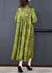 Women Green Print Wrinkled Patchwork Silk Long Dress Summer